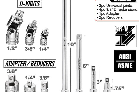 71270-10-Piece Socket Accessory Set - Premium Chrome Vanadium Steel with Mirror Finish - Includes Socket Adapters, Extensions and Universal Joints