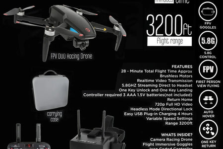 FPV Duo Racing Drone with Goggles and GPS, Black